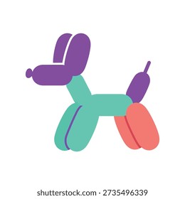 This image features a whimsical balloon animal shaped like a dog, crafted with bright purple, teal, and orange balloons, set against a clean white background, evoking a cheerful and playful mood