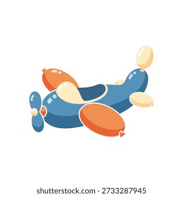 This image features a whimsical cartoon airplane with a blue body, orange wings, and yellow accents, flying against a plain white background, exuding a cheerful and playful mood perfect for children's themes