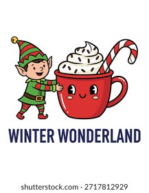 This image features a whimsical cartoon-style illustration of a cheerful elf holding a steaming mug of hot cocoa topped with whipped cream and a candy cane. The artistic style is playful and colorful, evoking a festive and cozy winter mood. Fully editable vector EPS file suitable for design projects, print, and web.