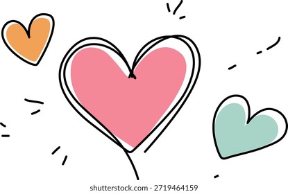 Esta Imagen presenta una ilustración caprichosa de tres corazones en diferentes colores. El corazón central es un prominente rosa, rodeado por los Pequeños corazones en naranja y azul claro. Los corazones están delineados con líneas simples y negras, y hay Pequeños guiones negros a su alrededor, agregando un toque juguetón.