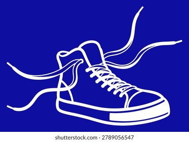 This image features a white silhouette of a high top sneaker with untied laces, set against a solid, vibrant blue background. The minimalist illustration provides a clean and modern aesthetic for various design projects.