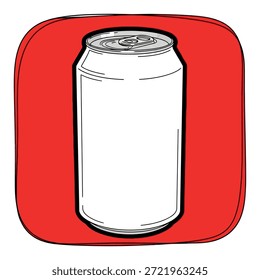 Esta Imagen presenta una lata de refresco blanco con detalles plateados, colocada centralmente dentro de un marco cuadrado rojo llamativo.