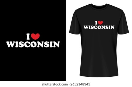 This image features wisconsin, i love wisconsin, t-shirt, tshirt, apparel, clothing, design, graphic. I Love Wisconsin Black T Shirt Design with Red Heart Symbol