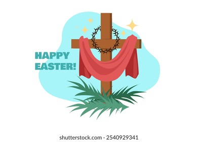 This image features a wooden cross with a red draped cloth, surrounded by grass and a cheerful 'Happy Easter' greeting. Vector illustration