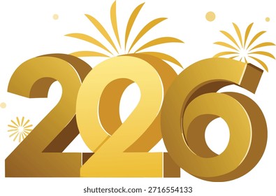 Esta Imagen presenta el año 2026 de manera prominente en números Grandes y dorados. Alrededor de los números hay vibrantes fuegos artificiales, añadiendo un ambiente festivo y de celebración. Los fuegos artificiales estallaron en varias direcciones, creando una escena dinámica y alegre. El diseño general es elegante y festivo, perfecto para marcar una ocasión especial o hito en el año 2026.