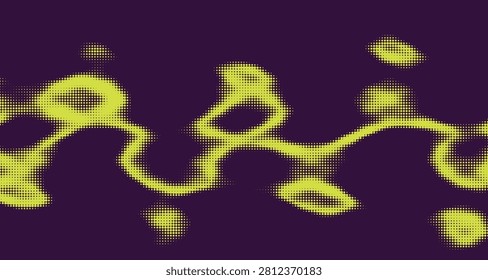 This image features a yellow halftone liquid pattern against a purple backdrop, composed of organic, dotted shapes.
