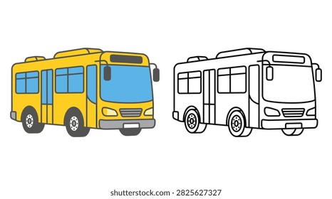 This image features a yellow school bus alongside its black-and-white outline version, both set against a white background. The style