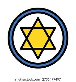 This image features a yellow Star of David symbol inside a blue and black circle on a white background. Featuring Jewish symbol