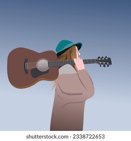 This image features a young female musician standing confidently while holding a guitar with passion. Her facial expression reflects dedication and love for music. 