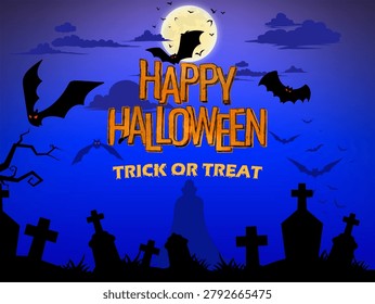 This image is a festive Halloween greeting illustration featuring bats, a cemetery silhouette, and a full moon backdrop.

Key Visual ElementsCentral Text: Large orange lettering reads 