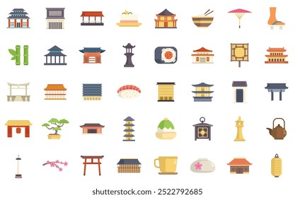 This image is filled with icons representing japanese culture, including travel destinations and cuisine