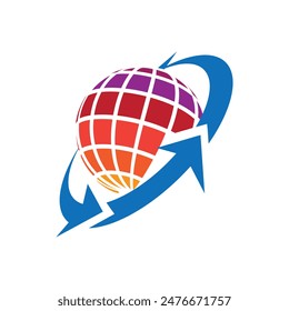 This is an image of a globe in orange color with three blue arrows encircling it 