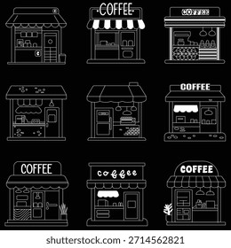 Esta Imagen es una colección de cuadrícula de nueve ilustraciones minimalistas de arte lineal que representan varios estilos de cafeterías, cafés y quioscos callejeros.