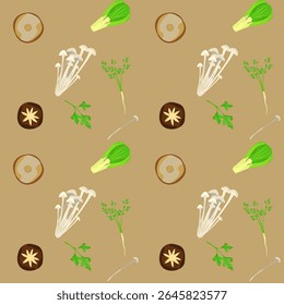 Esta imagem tem um padrão de fundo que combina cogumelos e elementos vegetais, que pode ser projetado para ser usado como papel de embrulho ou tecido presente