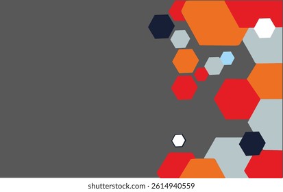 This image has a dark gray background with a colorful hexagon pattern on the right side. The red, orange, white, blue, and gray hexagons are neatly arranged in different sizes.