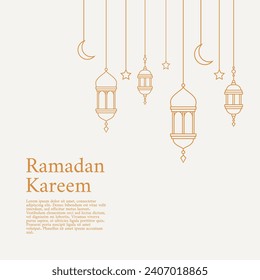 Esta imagen tiene un ambiente cálido y alegre. Las linternas doradas, la luna creciente y las estrellas simbolizan el Islam y el Ramadán. Esta imagen es adecuada para ser utilizada como tarjeta de felicitación de Ramadán o como decoración de casa