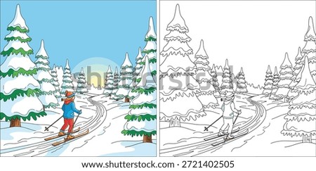 This image is a high-quality vector illustration designed as a coloring page or educational worksheet. It features a clear contrast between the finished colored version and the line art, making it perfect for children's activity books or winter-themed design projects.