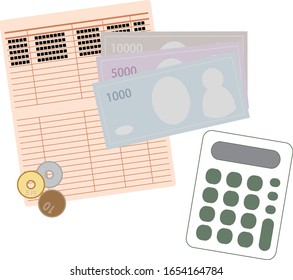 This is an image of a household. It is an illustration of a calculator, a passbook and cash (Japanese yen / Japanese means five yen coin).