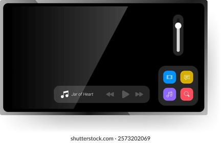 This image illustrates a clean and modern head unit dashboard interface with features like a music player, volume control, and quick access icons