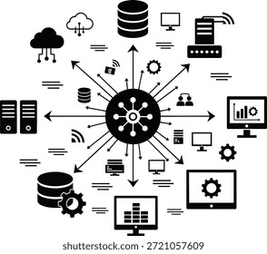 Esta imagem ilustra um sistema de rede digital complexo com dispositivos, servidores, bancos de dados e infraestrutura em nuvem interconectados, representando o intercâmbio de informações e a conectividade modernos em um