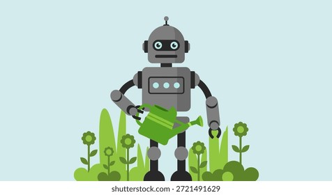Esta Imagen ilustra el concepto de inteligencia artificial que contribuye al cuidado del medio ambiente. Un robot está cuidando un jardín, mostrando la aplicación de la tecnología para promover la ecología y