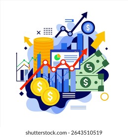Dieses Bild veranschaulicht das Konzept des Finanzwachstums und der Investitionen: Geldmünzen und Analyseelemente unterstreichen die erfolgreiche Planung und das Einkommenswachstum. Hervorragend geeignet für verwandte Themen