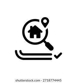 Esta imagem ilustra o conceito de pesquisa e verificação de propriedade. Possui uma lupa com um ícone de casa dentro, simbolizando o exame e inspeção dos detalhes da propriedade. A lupa é colocada sobre um documento com marcas de seleção, indicando o processo de verificação das informações. Um pino de localização acima da lupa significa a importância da localização na pesquisa de propriedade.