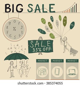 This image illustrates concepts such as sales, discounts, promotions. The light but informative style.