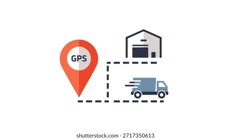 This image illustrates a GPS tracking system used for managing logistics and delivery operations. It shows a GPS marker connected to a warehouse and vehicle, highlighting real-time location tracking