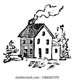 This image illustrates the small house, which has a chimney from which the smoke the coming out. The front wall of this house has many windows, vintage line drawing or engraving illustration.
