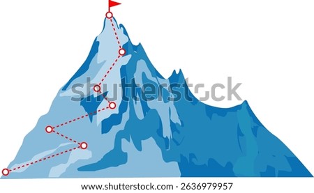 This image illustrates a steep mountain peak with a winding path leading to the summit, marked by a red flag, symbolizing adventure and achievement in climbing. Vector illustration.