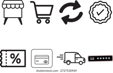Esta Imagen ilustra las diversas etapas de un proceso de compra de comercio electrónico. Incluye un escaparate, un Carrito de compras, una flecha de retorno, un sello verificado, un Cupón de descuento, una tarjeta de crédito, un camión de entrega y un sistema de calificación.