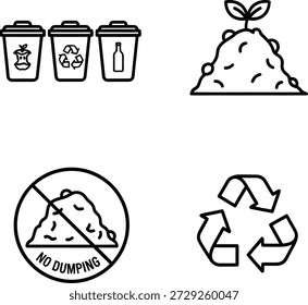 Esta Imagen ilustra varios símbolos relacionados con el reciclaje y el compostaje. Incluye tres contenedores para diferentes tipos de materiales reciclables: residuos orgánicos, papel y botellas de vidrio. Además, hay una pila de compost con una planta que brota de él, lo que indica el proceso de compostaje. Otro símbolo muestra una pila de desechos tachada, enfatizando 'no hay vertido'. Por último, se representa un símbolo clásico del reciclaje, reforzando el tema del reciclaje.