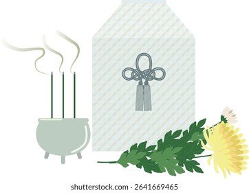 This is an image illustration of incense sticks, a bone box, and chrysanthemums mourning the deceased.