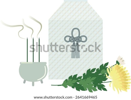 This is an image illustration of incense sticks, a bone box, and chrysanthemums mourning the deceased.