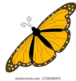 Esta Imagen es una ilustración de una mariposa monarca (Danaus plexippus), conocida por su distintivo y fácilmente reconocible patrón negro, naranja y blanco.
