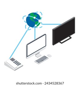 This is an image illustration of a telephone, television, and computer connected to the Internet.