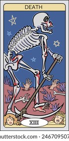 This is an image illustration of "The Grim Reaper", a type of tarot card.