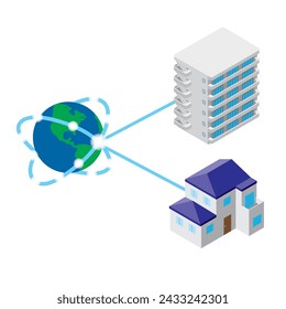 This is an image illustration where the Internet is connected to an apartment complex and a single-family house.