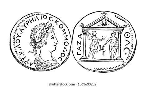 This image indicates the Gaza medal. On one side there is a head of a person. Another side consists of figure below Jupiter, vintage line drawing or engraving illustration.
