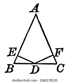 Esta es la imagen de los isosceles triángulos ABC. Dos líneas hechas en la parte inferior del triángulo de ED y FD, se hacen para hacer el dibujo de punto medio, de línea vintage o de ilustración de grabado.