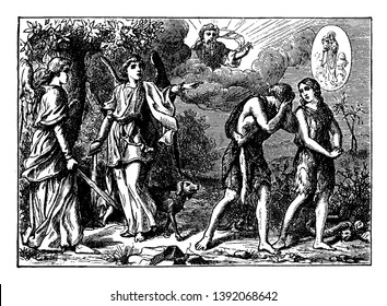 In this image  Jacob was left alone and there wrestled a man with him until  the breaking of the day, vintage line drawing or engraving illustration.