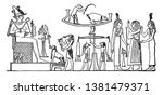 In this image, the king is telling the decision to the public. Some people sit in court and hear the decision, vintage line drawing or engraving illustration.