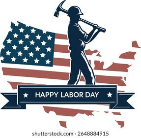 This image for Labor Day features a silhouette of a worker with a pickaxe over a striped US map. A blue banner across the map reads "HAPPY LABOR DAY." The white background emphasizes the design