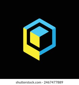 This image is a letter logo of initial P in hexagonal cube shape in yellow and blue color on a black background