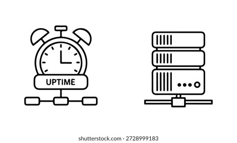 Dieses Bild ist eine Grafik mit Linien, die zwei Symbole veranschaulicht. Das Icon auf der linken Seite ist ein Wecker mit dem Wort "UPTIME" auf einem Banner darunter, verbunden mit drei kleinen Rechtecken durch Linien, die Netzwerkknoten darstellen. Das Symbol auf der rechten Seite zeigt einen Stapel von drei Servern, die mit einem Netzwerkkabel verbunden sind und die Serverinfrastruktur symbolisieren. Beide Symbole sind einfach und verwenden schwarze Umrisse auf weißem Hintergrund, die Konzepte zur Systemverfügbarkeit, Serververwaltung und Netzwerküberwachung vorschlagen.