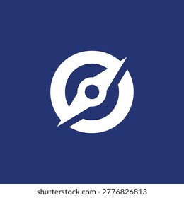 This image is a logo design that depicts an initial O with a compass needle in it that facing north east direction. The logo looks clean and clear in white color on a dark blue background.
