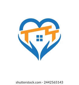 this image is a logo of a house inside of a pair of opened hands in blue and orange color that formed a heart shape and can be used for realtor or real estate charity logo