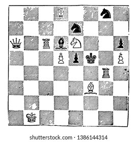 This is image look like a Chess game. White to play and mate in two moves, vintage line drawing or engraving illustration.