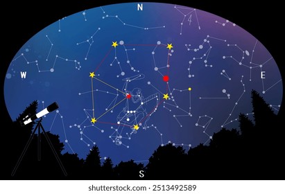 This is an image of looking up at the sky from inside the forest. This is an illustration of the Winter Triangle and Winter Diamond, centered around Orion, a representative winter constellation.